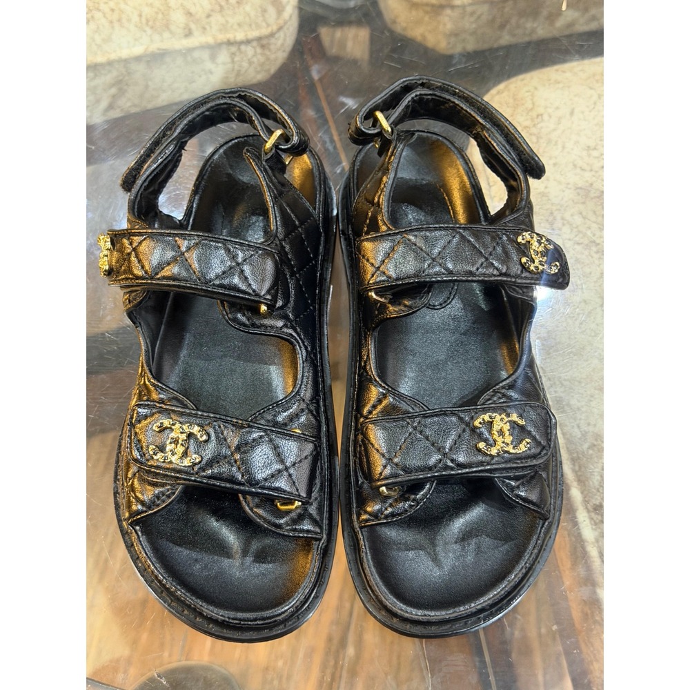 Chanel Quilted Lambskin Dad Sandals Black Gold CC Logo G35927 Mens Womens